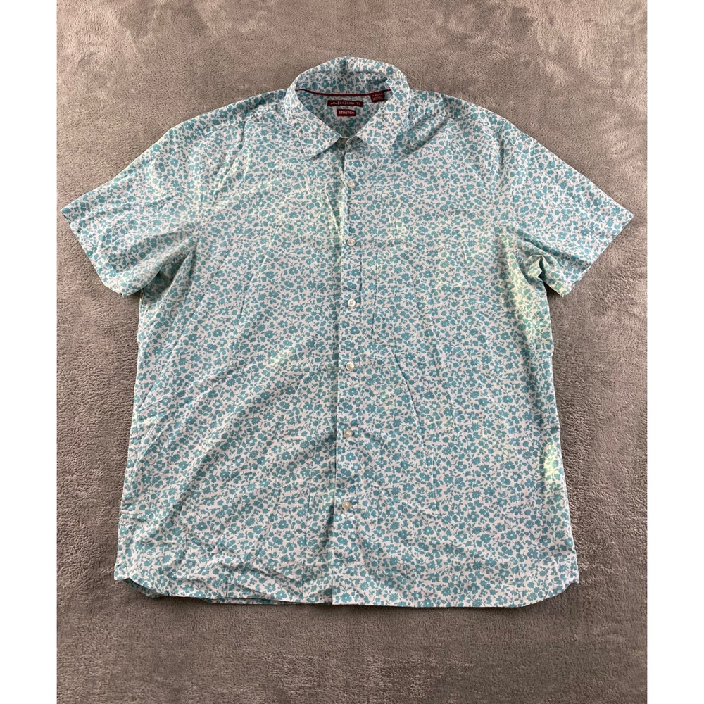 Axist Mens XL Short Sleeve Button Down Shirt Teal White Floral Stretch Casual